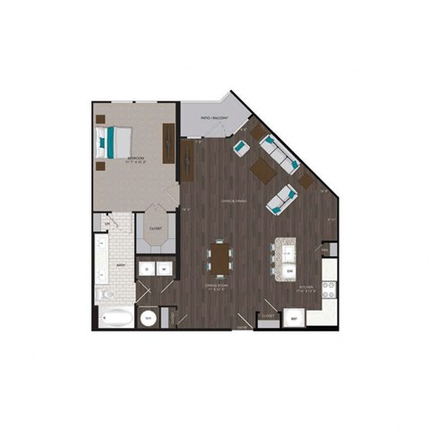 Floor plan for 1 bed, 1 bath, 997 sqft